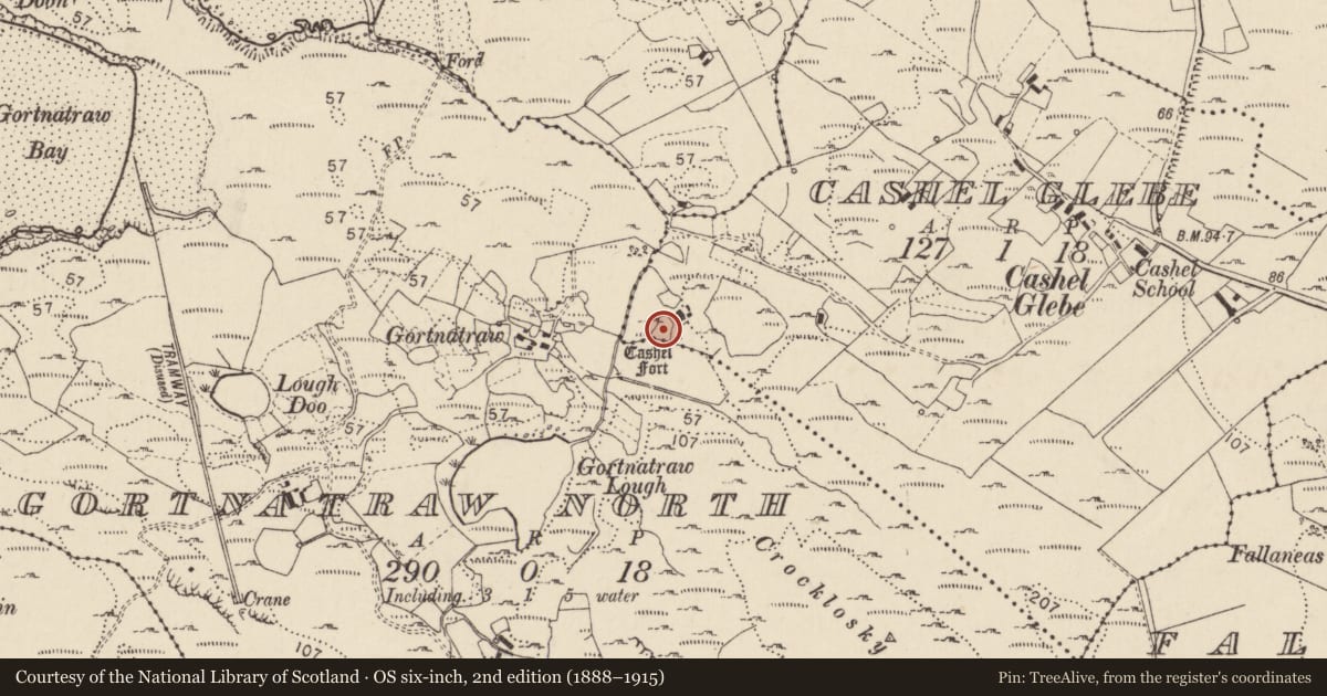 Ordnance Survey six-inch map, 2nd edition (1888–1915) covering the location of Ringfort - unclassified, An Caiseal, Gort Na Trá, County Donegal, with a pin at the register's coordinates