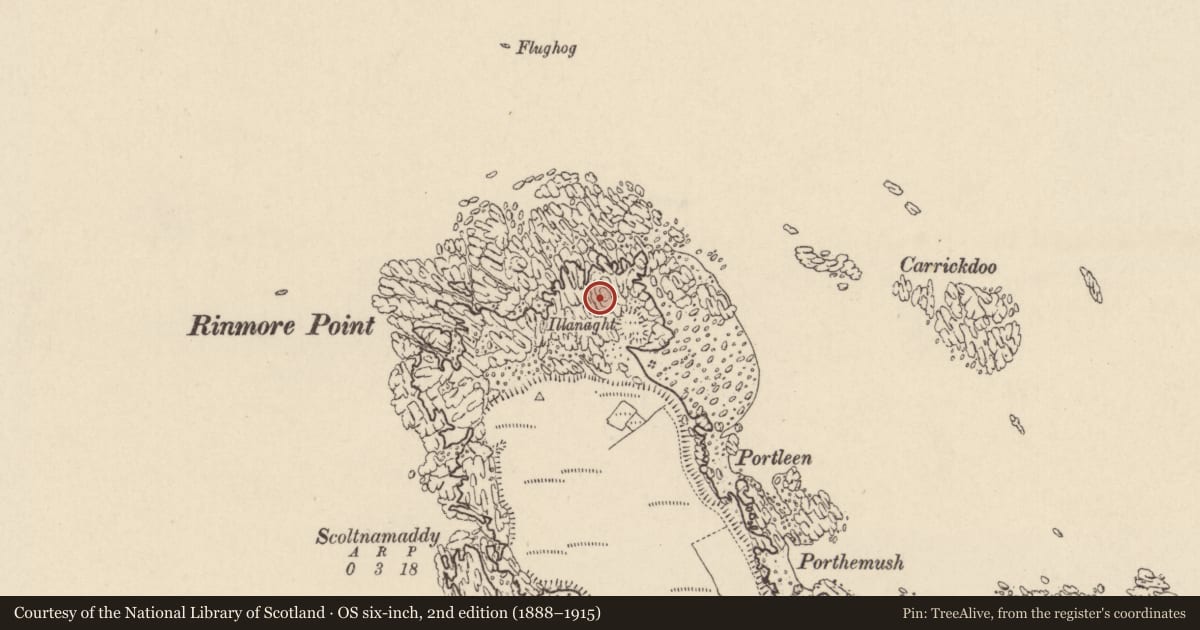 Ordnance Survey six-inch map, 2nd edition (1888–1915) covering the location of Burial, Baile Uí Fhuaruisce, County Donegal, with a pin at the register's coordinates