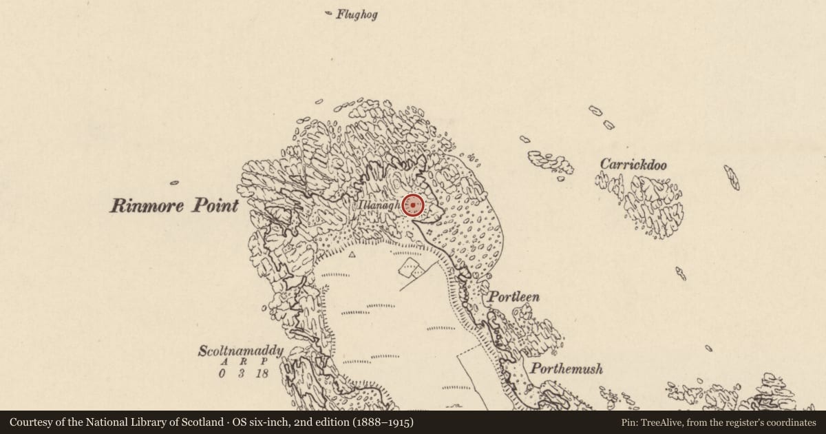 Ordnance Survey six-inch map, 2nd edition (1888–1915) covering the location of Mound, Baile Uí Fhuaruisce, County Donegal, with a pin at the register's coordinates