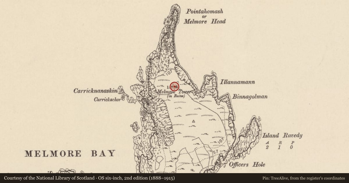 Ordnance Survey six-inch map, 2nd edition (1888–1915) covering the location of Signal tower, An Meall Mór, County Donegal, with a pin at the register's coordinates