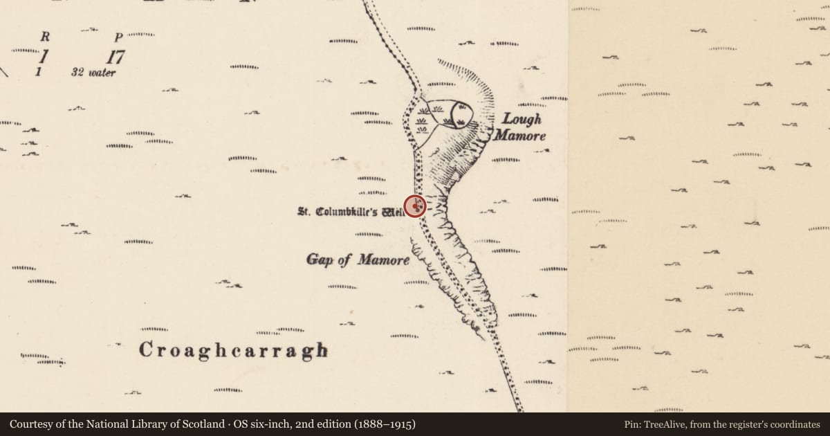 Ordnance Survey six-inch map, 2nd edition (1888–1915) covering the location of Ritual site - holy well, Lenan, County Donegal, with a pin at the register's coordinates