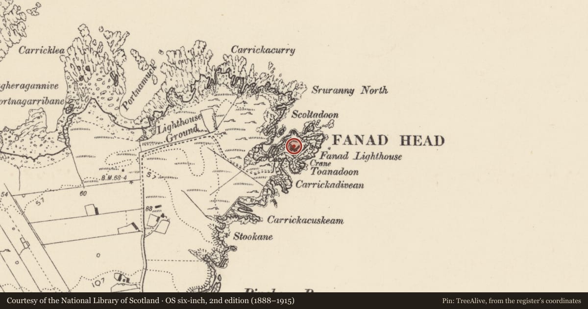 Ordnance Survey six-inch map, 2nd edition (1888–1915) covering the location of Signal tower, Earra Thíre Na Binne, County Donegal, with a pin at the register's coordinates