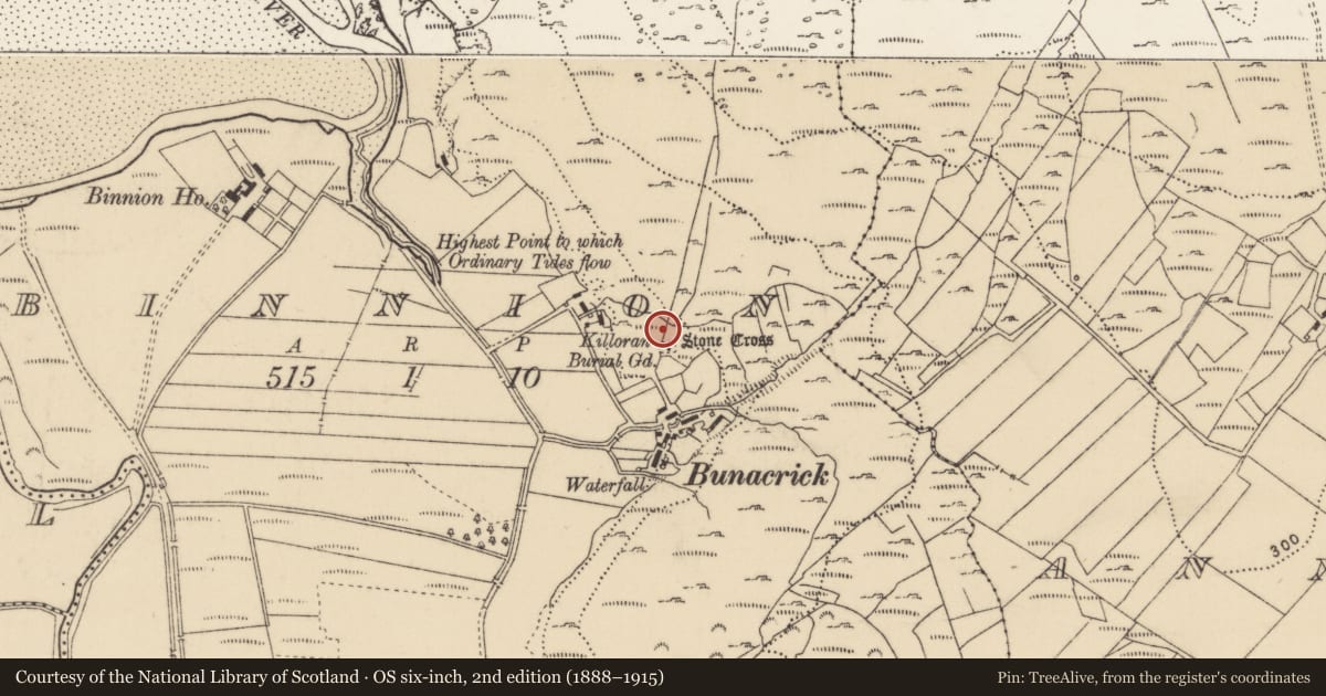 Ordnance Survey six-inch map, 2nd edition (1888–1915) covering the location of Structure, Binnion, County Donegal, with a pin at the register's coordinates
