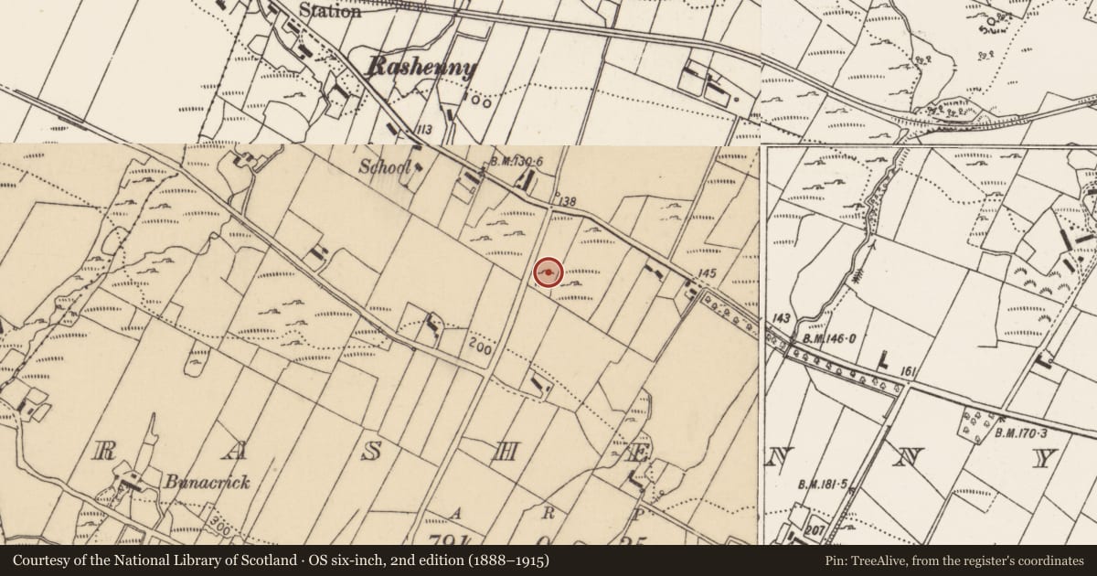 Ordnance Survey six-inch map, 2nd edition (1888–1915) covering the location of Burial, Rashenny, County Donegal, with a pin at the register's coordinates