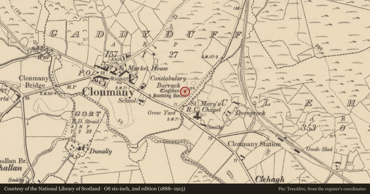 Ordnance Survey six-inch map, 2nd edition (1888–1915) covering the location of Standing stone, Gaddyduff, County Donegal, with a pin at the register's coordinates