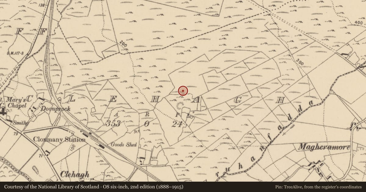 Ordnance Survey six-inch map, 2nd edition (1888–1915) covering the location of Field system, Clehagh, County Donegal, with a pin at the register's coordinates