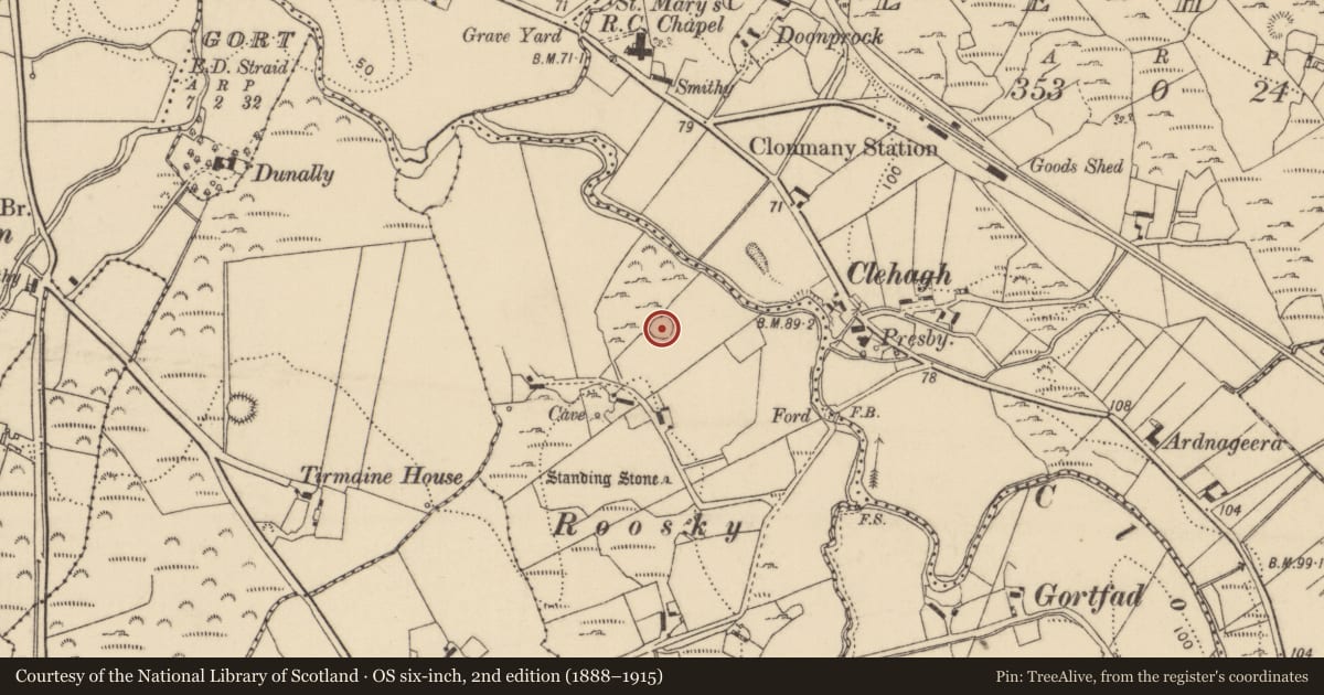 Ordnance Survey six-inch map, 2nd edition (1888–1915) covering the location of Ringfort - cashel, Roosky, County Donegal, with a pin at the register's coordinates