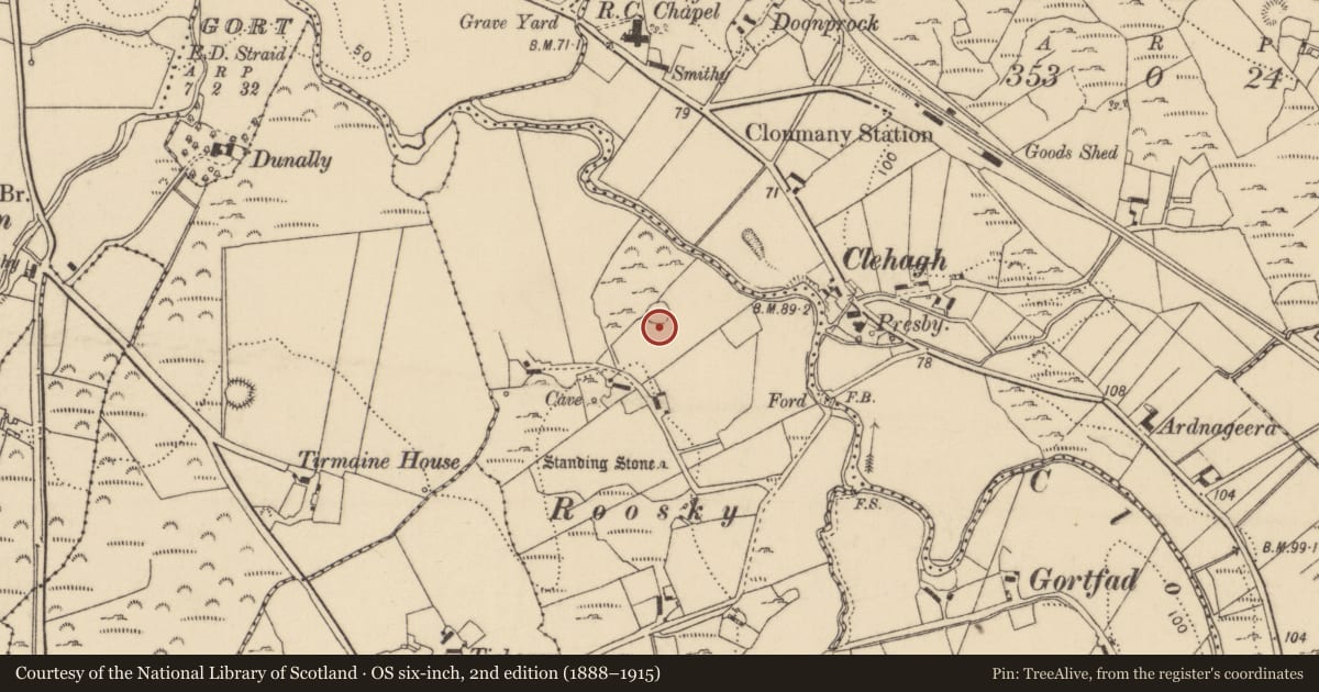 Ordnance Survey six-inch map, 2nd edition (1888–1915) covering the location of Rock art, Roosky, County Donegal, with a pin at the register's coordinates