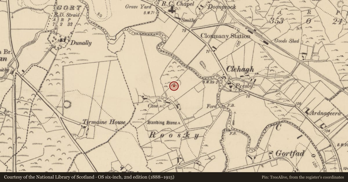 Ordnance Survey six-inch map, 2nd edition (1888–1915) covering the location of Souterrain, Roosky, County Donegal, with a pin at the register's coordinates