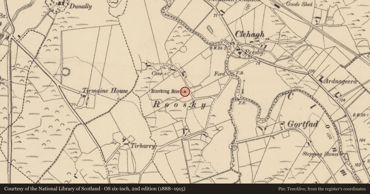 Ordnance Survey six-inch map, 2nd edition (1888–1915) covering the location of Standing stone, Roosky, County Donegal, with a pin at the register's coordinates