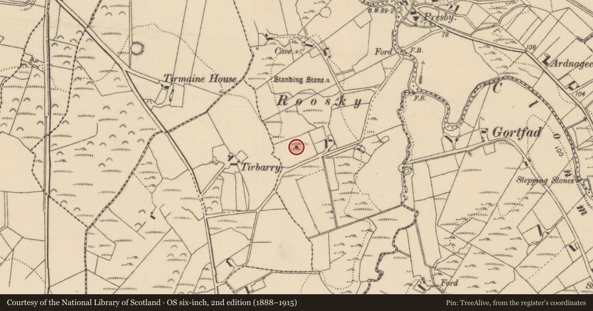 Ordnance Survey six-inch map, 2nd edition (1888–1915) covering the location of Enclosure, Roosky, County Donegal, with a pin at the register's coordinates