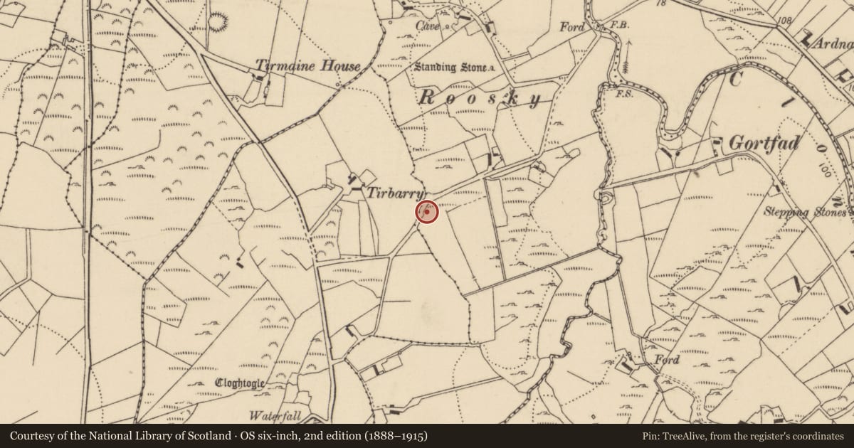 Ordnance Survey six-inch map, 2nd edition (1888–1915) covering the location of Stone row, Roosky, County Donegal, with a pin at the register's coordinates