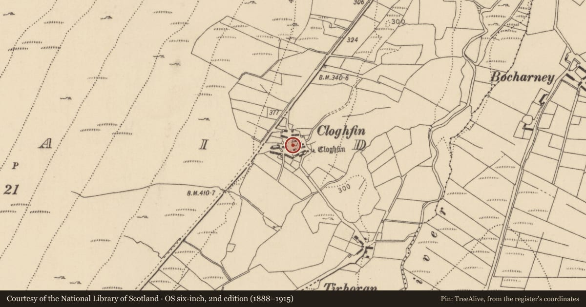 Ordnance Survey six-inch map, 2nd edition (1888–1915) covering the location of Bullaun stone, Straid, County Donegal, with a pin at the register's coordinates
