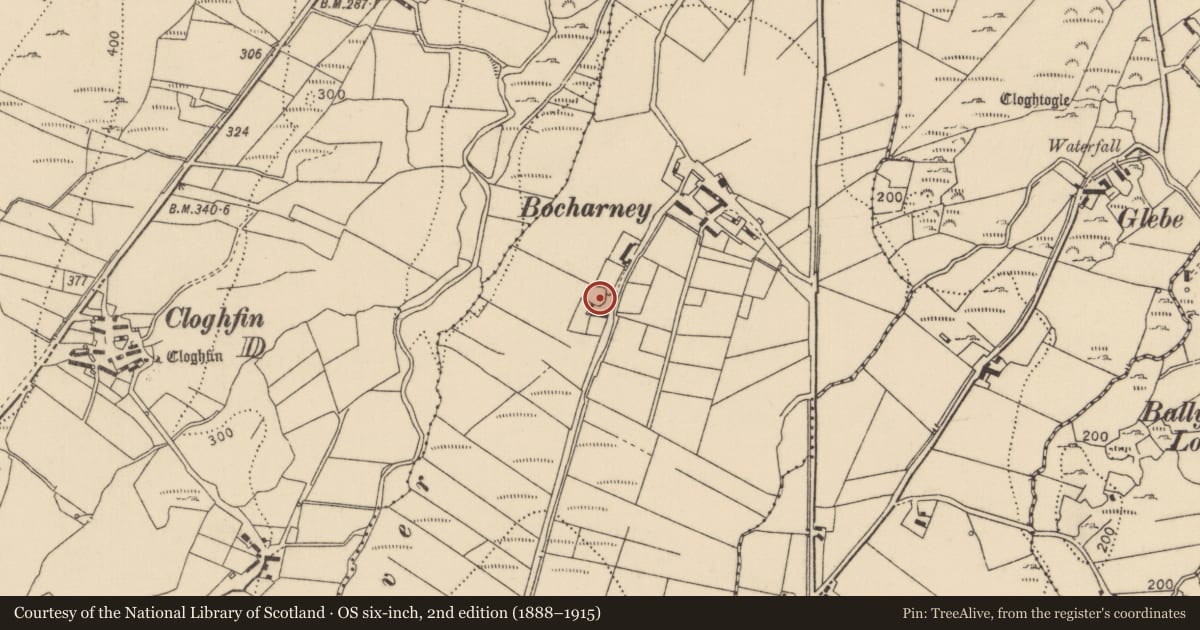 Ordnance Survey six-inch map, 2nd edition (1888–1915) covering the location of Children's burial ground, Adderville, County Donegal, with a pin at the register's coordinates