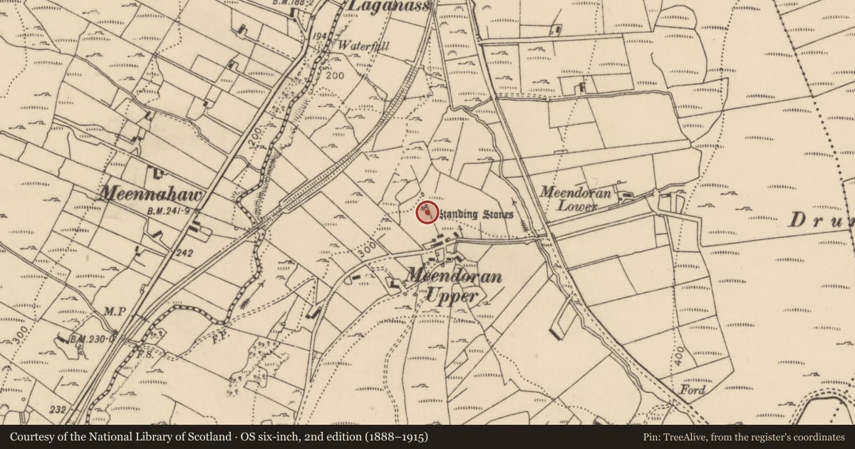 Ordnance Survey six-inch map, 2nd edition (1888–1915) covering the location of Standing stone, Meendoran, County Donegal, with a pin at the register's coordinates
