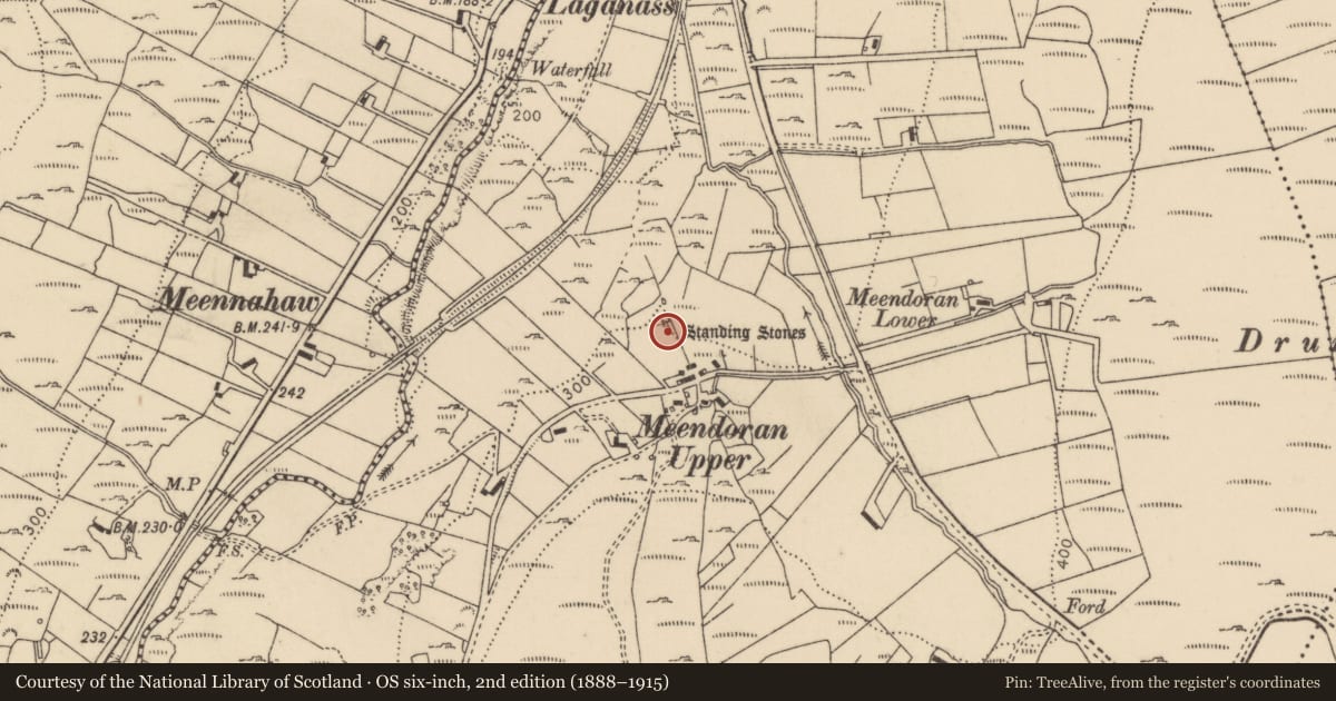 Ordnance Survey six-inch map, 2nd edition (1888–1915) covering the location of Stone row, Meendoran, County Donegal, with a pin at the register's coordinates