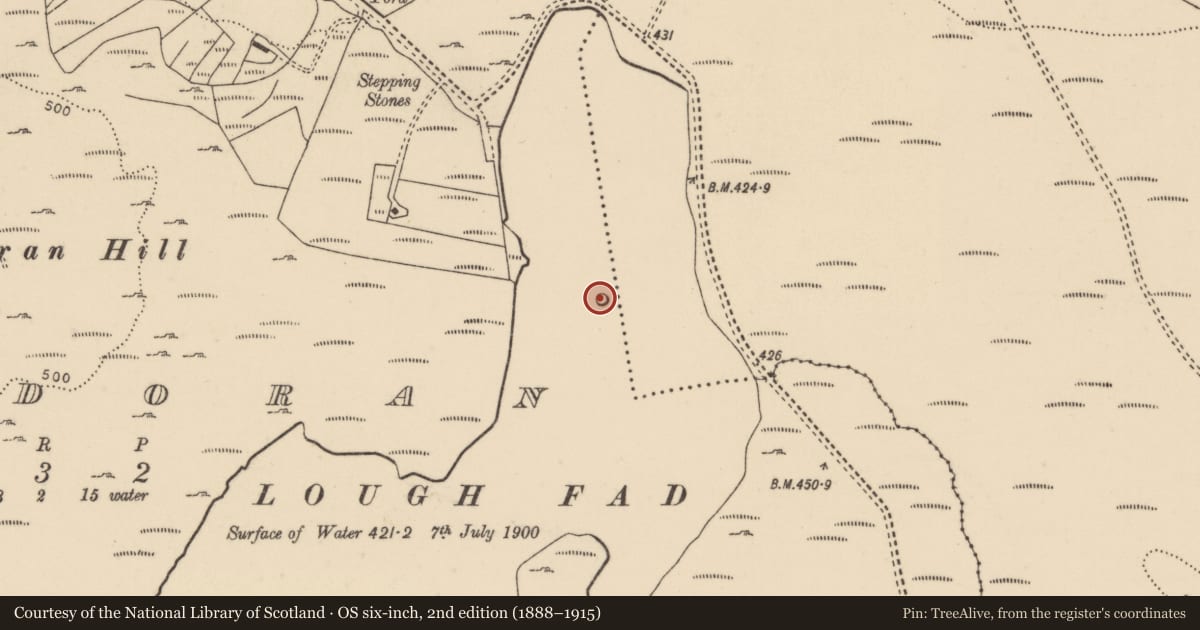 Ordnance Survey six-inch map, 2nd edition (1888–1915) covering the location of Crannog, Meendoran, County Donegal, with a pin at the register's coordinates