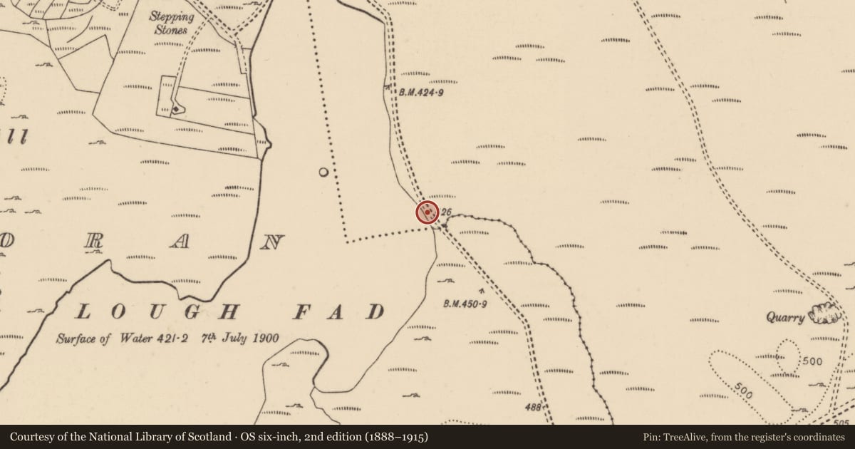 Ordnance Survey six-inch map, 2nd edition (1888–1915) covering the location of Rock art, Cloontagh, County Donegal, with a pin at the register's coordinates
