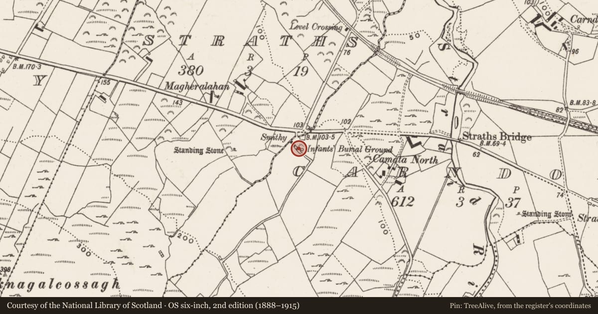 Ordnance Survey six-inch map, 2nd edition (1888–1915) covering the location of Children's burial ground, Carndoagh, County Donegal, with a pin at the register's coordinates