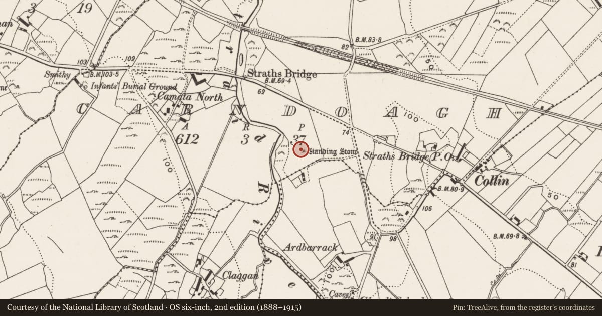 Ordnance Survey six-inch map, 2nd edition (1888–1915) covering the location of Standing stone, Carndoagh, County Donegal, with a pin at the register's coordinates