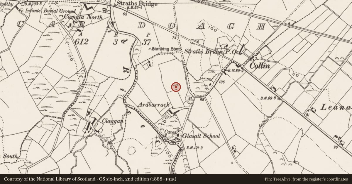 Ordnance Survey six-inch map, 2nd edition (1888–1915) covering the location of Standing stone, Glenmakee, County Donegal, with a pin at the register's coordinates
