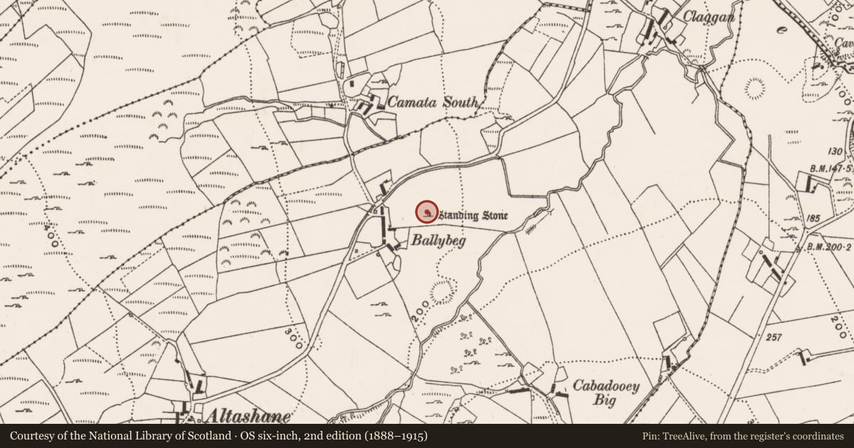 Ordnance Survey six-inch map, 2nd edition (1888–1915) covering the location of Rock art, Altashane Or Cabadooey, County Donegal, with a pin at the register's coordinates