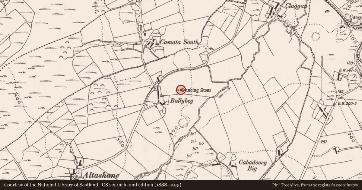 Ordnance Survey six-inch map, 2nd edition (1888–1915) covering the location of Rock art, Altashane Or Cabadooey, County Donegal, with a pin at the register's coordinates