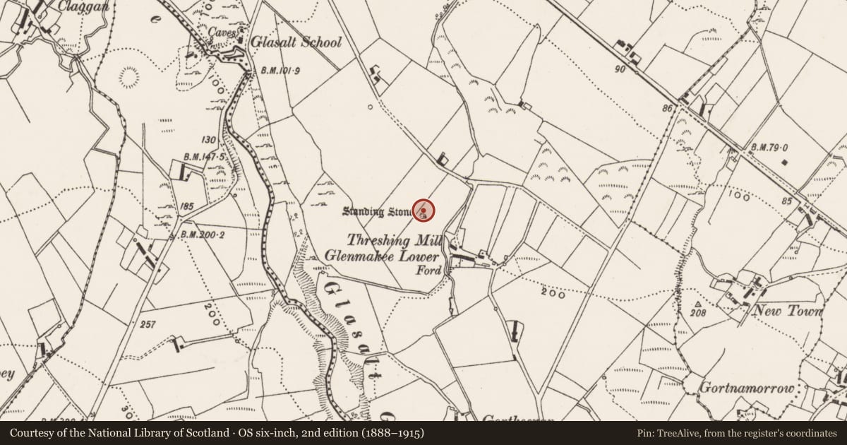 Ordnance Survey six-inch map, 2nd edition (1888–1915) covering the location of Standing stone, Glenmakee, County Donegal, with a pin at the register's coordinates