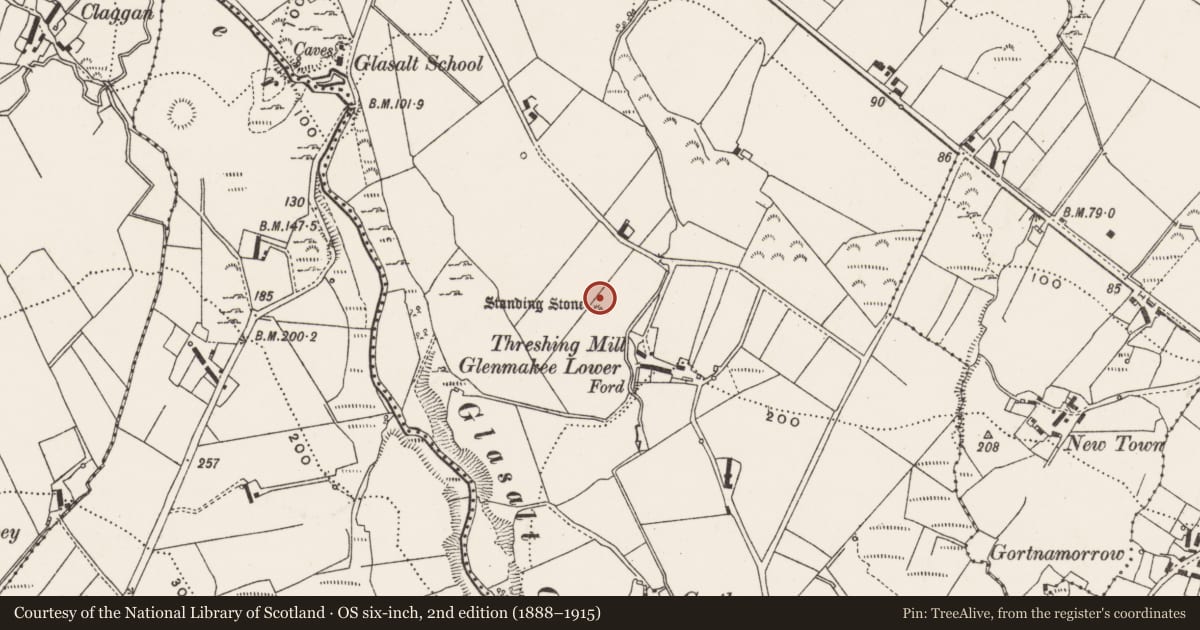 Ordnance Survey six-inch map, 2nd edition (1888–1915) covering the location of Cairn - burial cairn, Glenmakee, County Donegal, with a pin at the register's coordinates