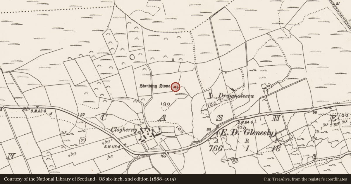 Ordnance Survey six-inch map, 2nd edition (1888–1915) covering the location of Standing stone, Cashel, County Donegal, with a pin at the register's coordinates