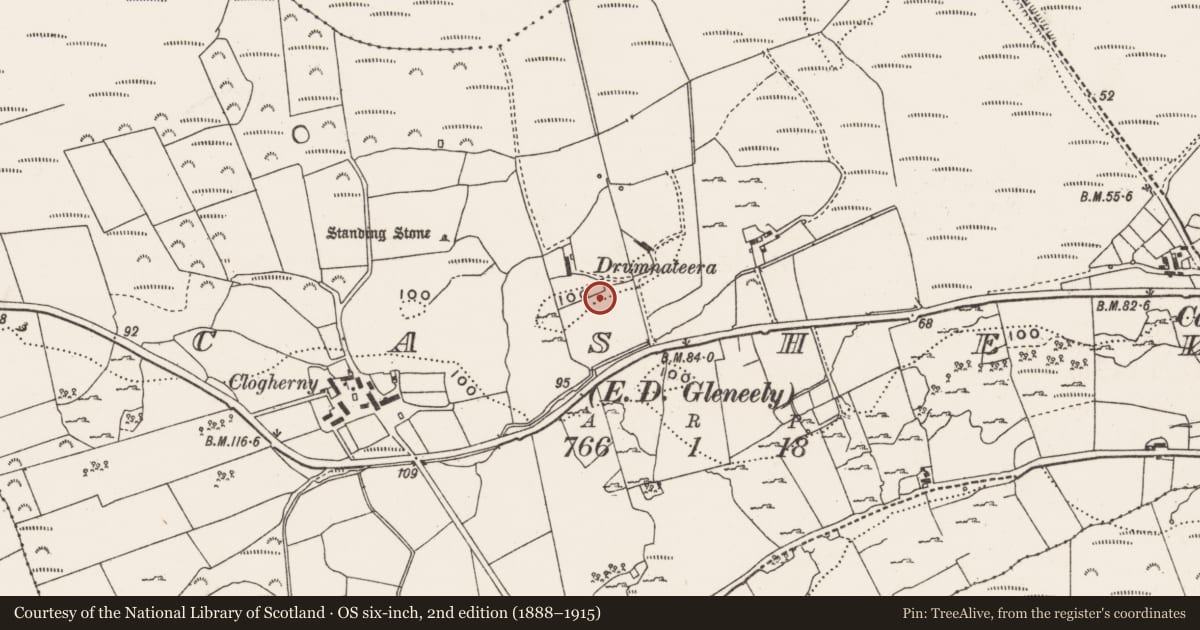 Ordnance Survey six-inch map, 2nd edition (1888–1915) covering the location of Bullaun stone, Cashel, County Donegal, with a pin at the register's coordinates