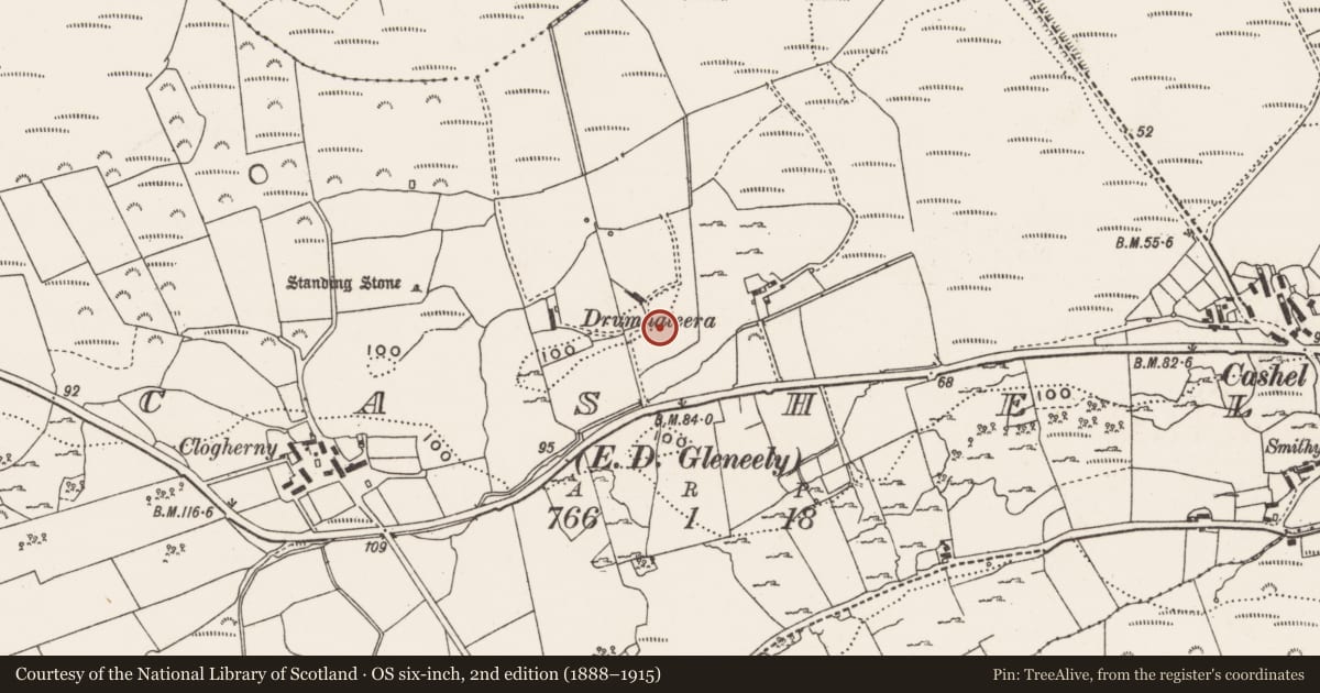 Ordnance Survey six-inch map, 2nd edition (1888–1915) covering the location of Standing stone, Cashel, County Donegal, with a pin at the register's coordinates