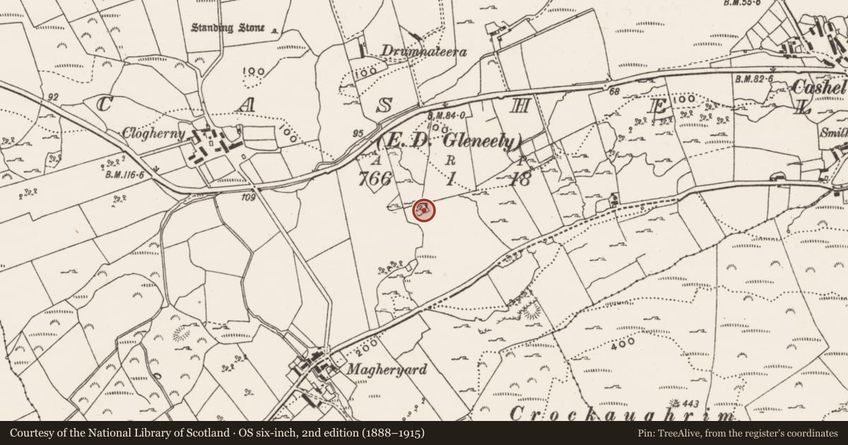 Ordnance Survey six-inch map, 2nd edition (1888–1915) covering the location of Burial ground, Cashel, County Donegal, with a pin at the register's coordinates