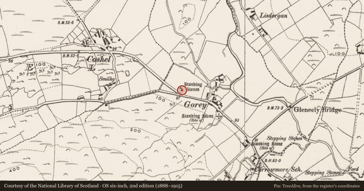 Ordnance Survey six-inch map, 2nd edition (1888–1915) covering the location of Standing stone - pair, Carrowmore, County Donegal, with a pin at the register's coordinates