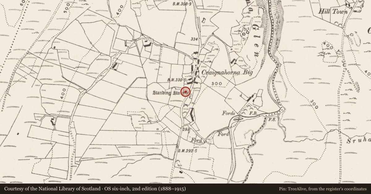 Ordnance Survey six-inch map, 2nd edition (1888–1915) covering the location of Standing stone, Glasalt Or Treanfasy, County Donegal, with a pin at the register's coordinates