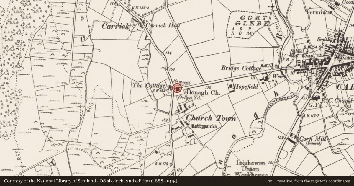 Ordnance Survey six-inch map, 2nd edition (1888–1915) covering the location of Church, Churchland Quarters, County Donegal, with a pin at the register's coordinates