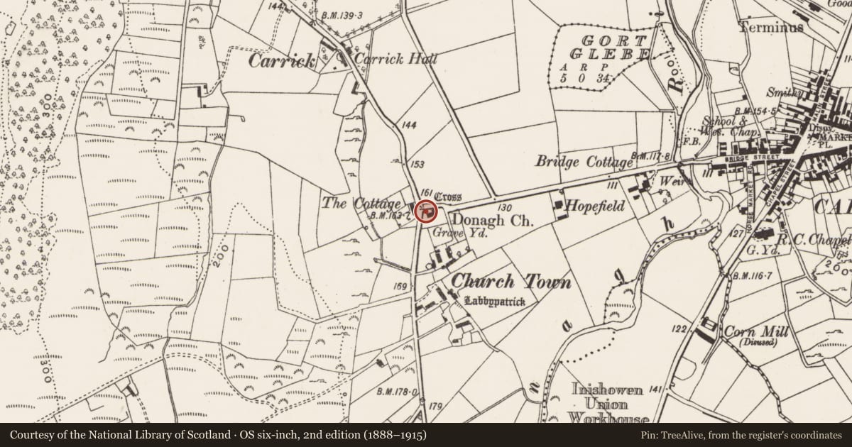 Ordnance Survey six-inch map, 2nd edition (1888–1915) covering the location of Architectural feature, Churchland Quarters, County Donegal, with a pin at the register's coordinates