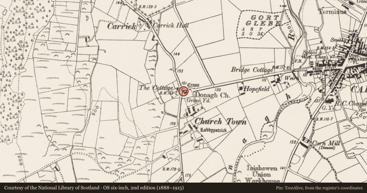 Ordnance Survey six-inch map, 2nd edition (1888–1915) covering the location of Architectural fragment, Churchland Quarters, County Donegal, with a pin at the register's coordinates