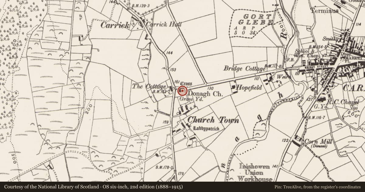 Ordnance Survey six-inch map, 2nd edition (1888–1915) covering the location of Cross-slab, Churchland Quarters, County Donegal, with a pin at the register's coordinates