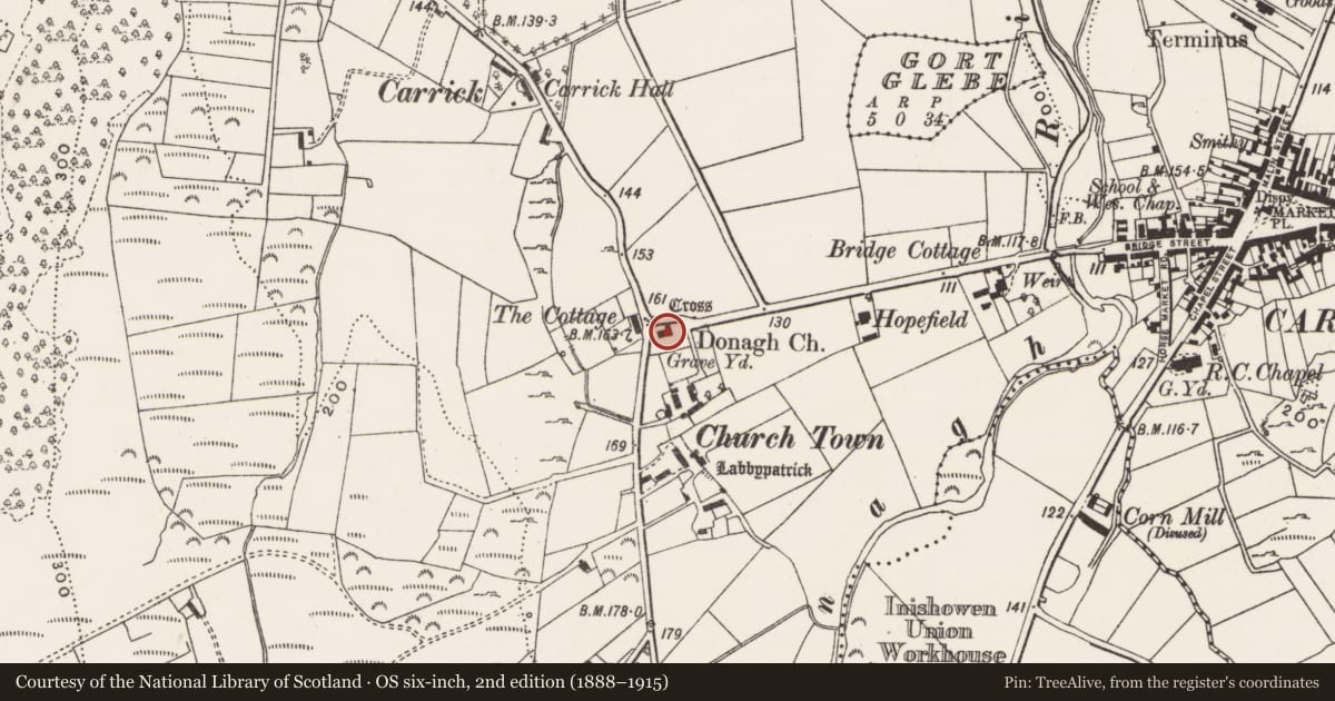 Ordnance Survey six-inch map, 2nd edition (1888–1915) covering the location of Graveyard, Churchland Quarters, County Donegal, with a pin at the register's coordinates