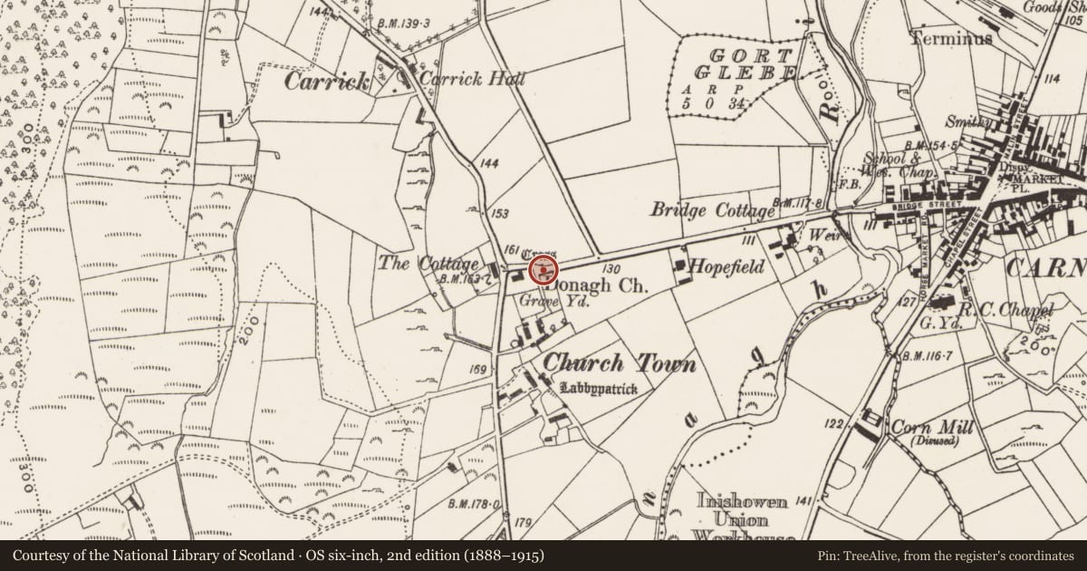 Ordnance Survey six-inch map, 2nd edition (1888–1915) covering the location of Stone sculpture (present location), Churchland Quarters, County Donegal, with a pin at the register's coordinates