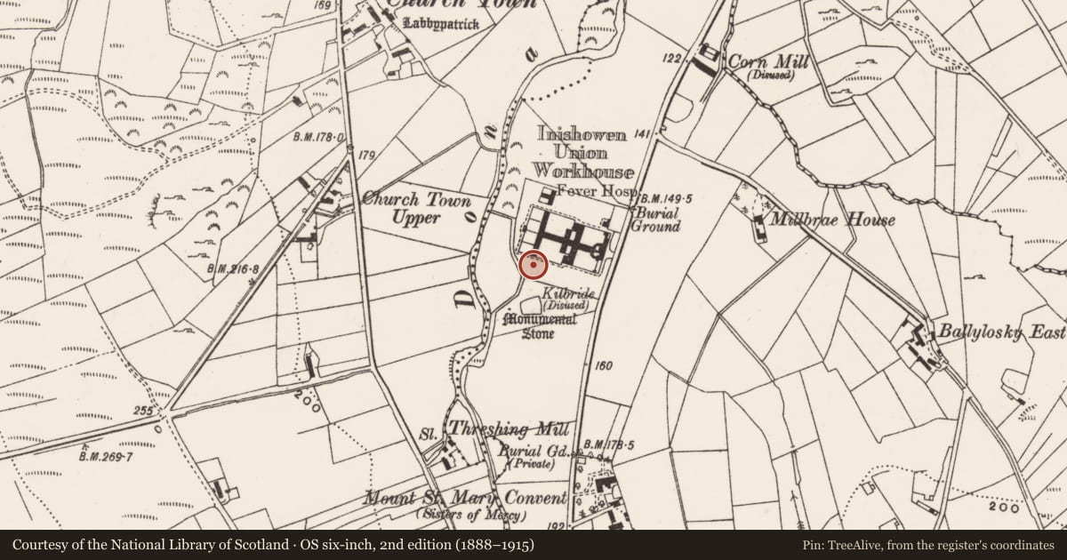 Ordnance Survey six-inch map, 2nd edition (1888–1915) covering the location of Souterrain, Ballylosky, County Donegal, with a pin at the register's coordinates