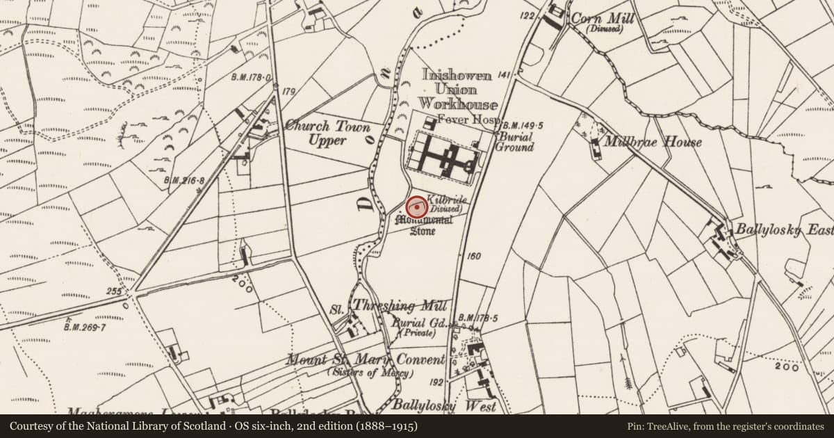 Ordnance Survey six-inch map, 2nd edition (1888–1915) covering the location of Ecclesiastical enclosure, Ballylosky, County Donegal, with a pin at the register's coordinates