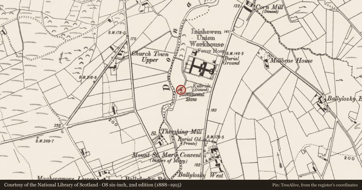Ordnance Survey six-inch map, 2nd edition (1888–1915) covering the location of Cross-inscribed stone, Ballylosky, County Donegal, with a pin at the register's coordinates
