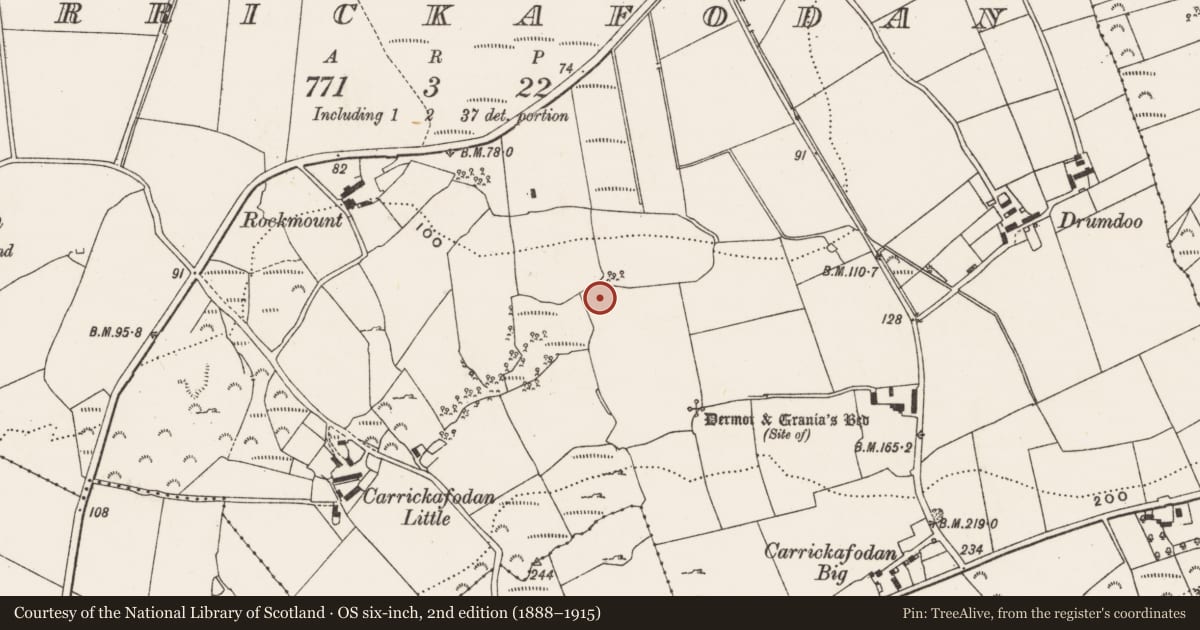 Ordnance Survey six-inch map, 2nd edition (1888–1915) covering the location of Cairn - unclassified, Carrickafodan, County Donegal, with a pin at the register's coordinates