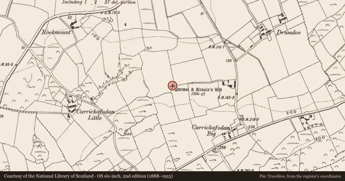 Ordnance Survey six-inch map, 2nd edition (1888–1915) covering the location of Megalithic tomb - court tomb, Carrickafodan, County Donegal, with a pin at the register's coordinates