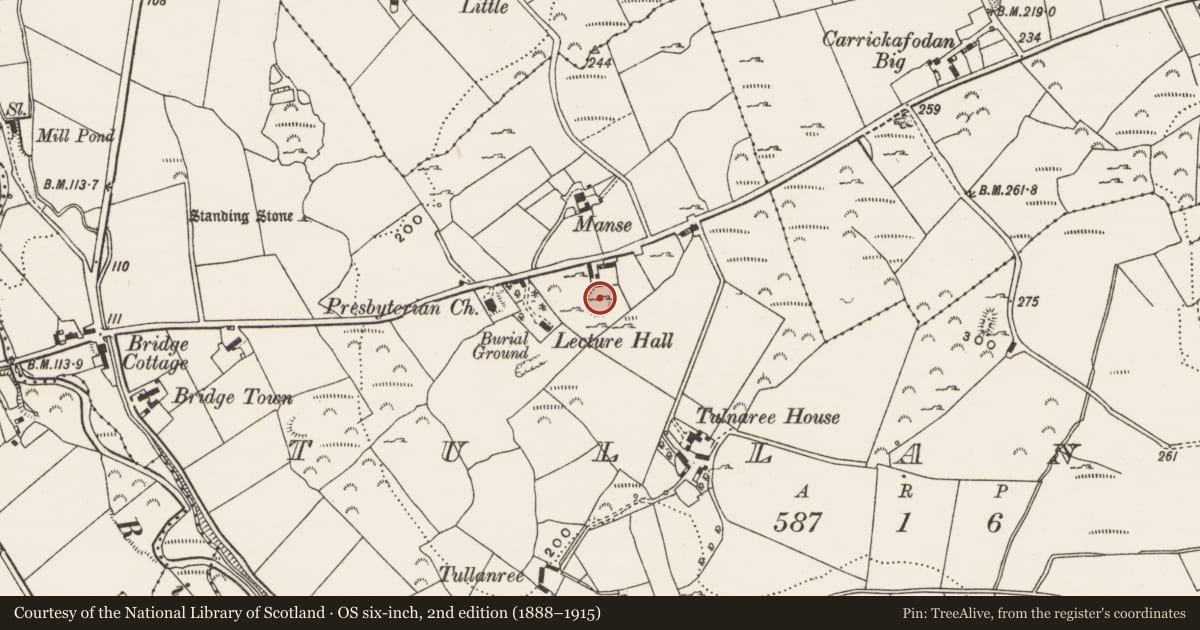Ordnance Survey six-inch map, 2nd edition (1888–1915) covering the location of Ringfort - cashel, Tullanree, County Donegal, with a pin at the register's coordinates