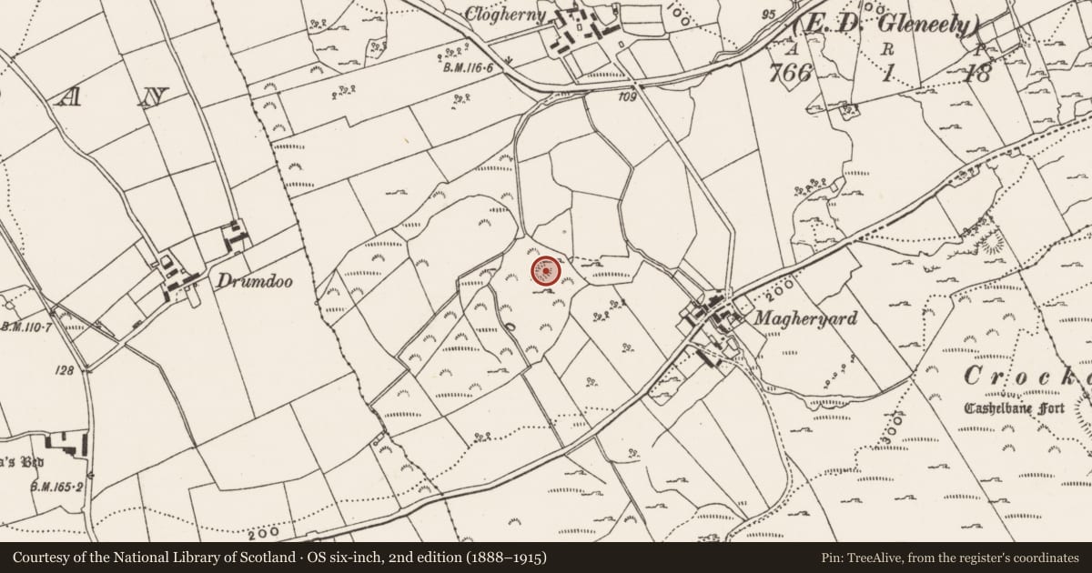 Ordnance Survey six-inch map, 2nd edition (1888–1915) covering the location of Ringfort - cashel, County Donegal, with a pin at the register's coordinates