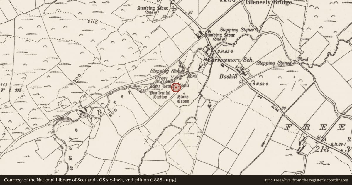 Ordnance Survey six-inch map, 2nd edition (1888–1915) covering the location of Ecclesiastical enclosure, Carrowmore, County Donegal, with a pin at the register's coordinates