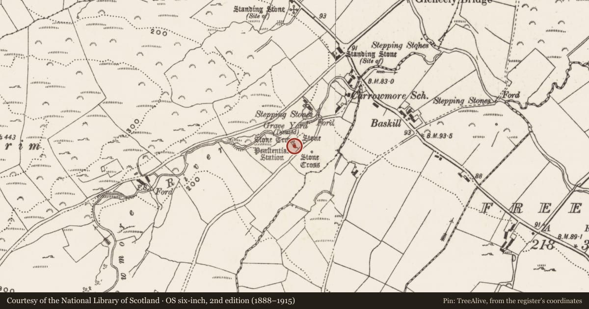 Ordnance Survey six-inch map, 2nd edition (1888–1915) covering the location of Architectural fragment, Carrowmore, County Donegal, with a pin at the register's coordinates